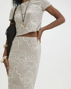 Beige Floral Embroidered Midi Skirt