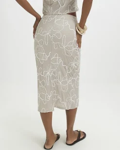 Beige Floral Embroidered Midi Skirt
