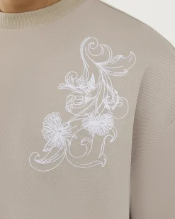 Beige Floral Embroidered Midweight T-Shirt