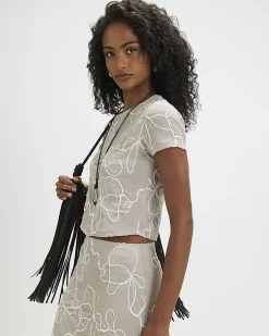 Beige Floral Embroidered T-Shirt