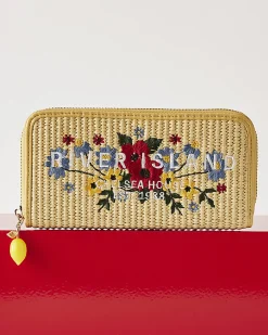 Beige Floral Embroidery Raffia Purse