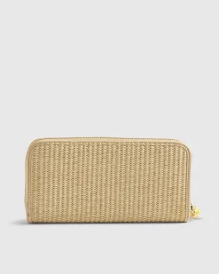 Beige Floral Embroidery Raffia Purse