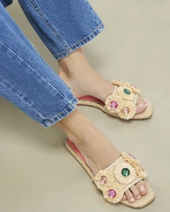 Beige Flower Raffia Flat Sandals