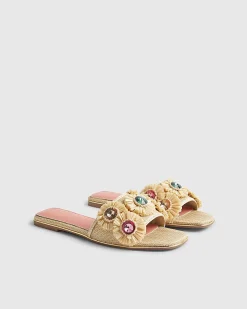 Beige Flower Raffia Flat Sandals