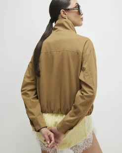 Beige Funnel Neck Bubble Hem Bomber Jacket