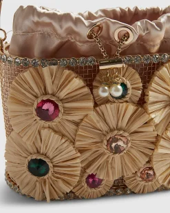 Beige Gem Raffia Flower Basket Bag