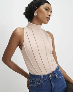 Beige High Neck Seam Trim Bodysuit