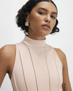Beige High Neck Seam Trim Bodysuit