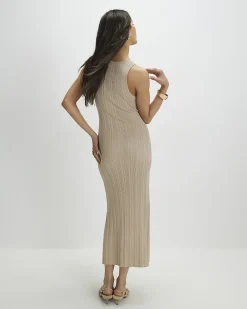 Beige Knitted Ribbed Midi Dress