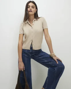 Beige Knitted Short Sleeve Polo Cardigan