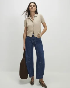 Beige Knitted Short Sleeve Polo Cardigan