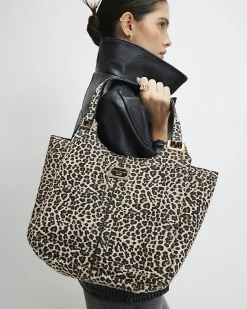Beige Leopard Print Winged Shoulder Bag