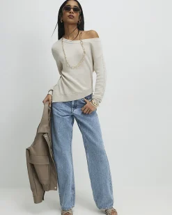 Beige Linen Blend Boat Neck Jumper