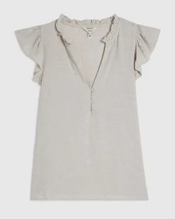 Beige Linen Blend Frill Sleeve Blouse