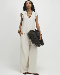 Beige Linen Blend Frill Sleeve Blouse