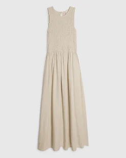 Beige Linen Blend Shirred Midi Dress