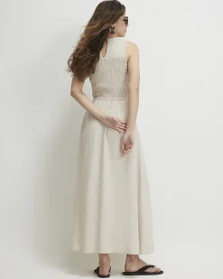 Beige Linen Blend Shirred Midi Dress