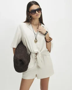 Beige Linen Blend Tie Front Shirt