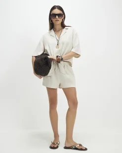 Beige Linen Blend Tie Front Shirt