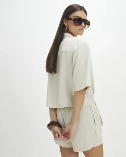 Beige Linen Blend Tie Front Shirt