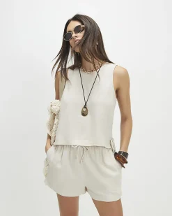 Beige Linen Blend Tie Side Tank Top