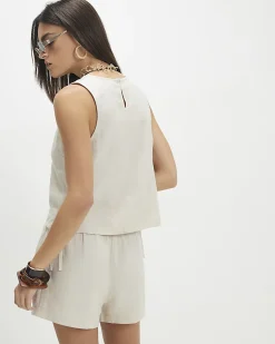 Beige Linen Blend Tie Side Tank Top