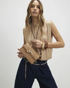 Beige Lock Front Tote Bag