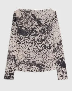 Beige Long Sleeve Boat Neck Spot Print Top