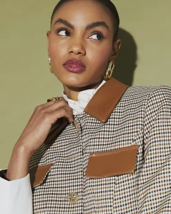 Beige Long Sleeve Check Print Jacket
