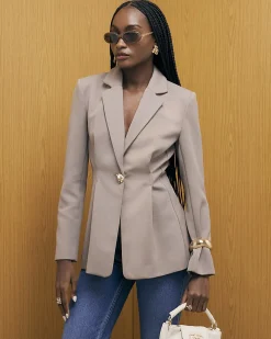 Beige Long Sleeve Cinched Waist Blazer