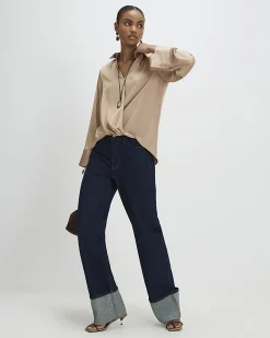 Beige Long Sleeve Wrap Blouse
