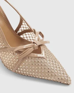 Beige Mesh Bow Sling Back Heels