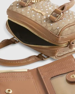 Beige Mini Diamante Bowler Bag And Purse
