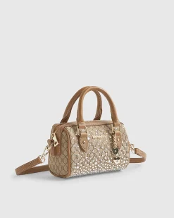 Beige Mini Diamante Bowler Bag And Purse