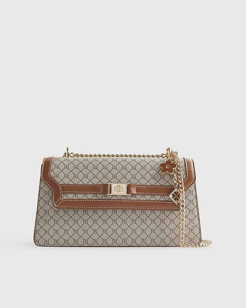 Beige Monogram Print Charm Shoulder Bag