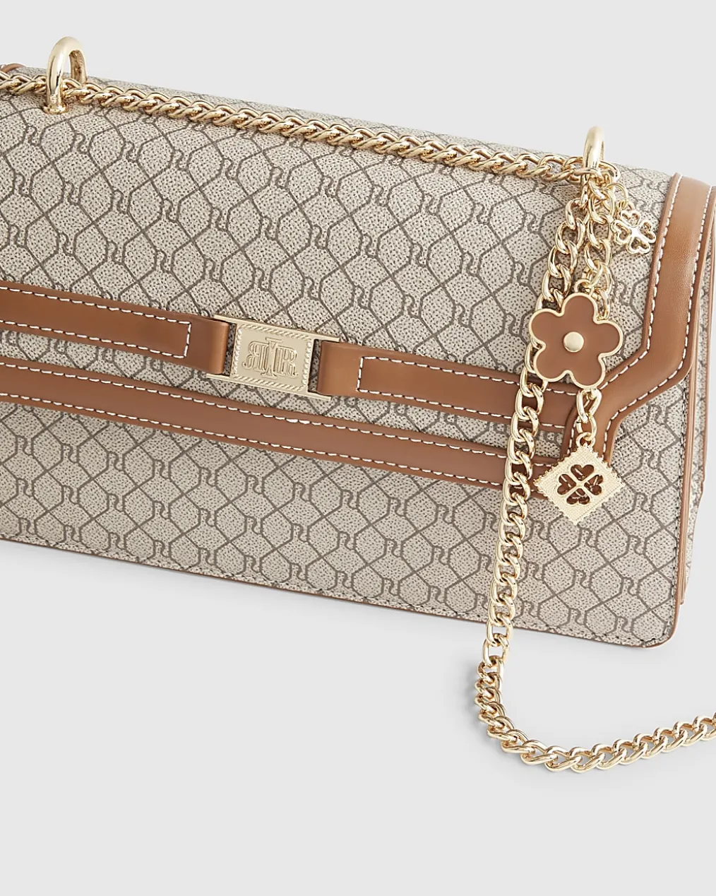 Beige Monogram Print Charm Shoulder Bag