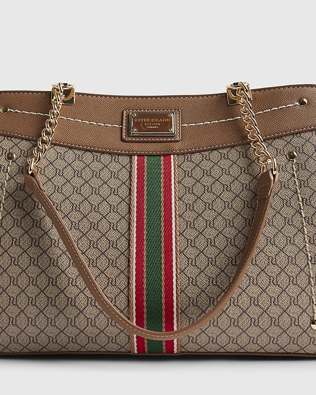 Beige Monogram Webbing Front Chain Tote Bag