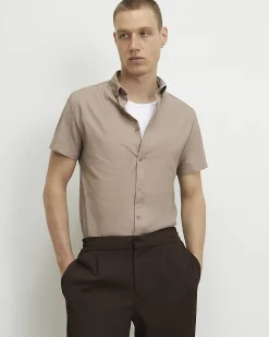 Beige Muscle Fit Textured Cotton Blend Shirt