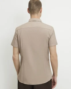 Beige Muscle Fit Textured Cotton Blend Shirt