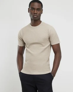Beige Muscle Fit Zig Zag Texture T-shirt