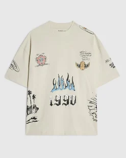 Beige Oversized Cotton Graffiti Print T-Shirt