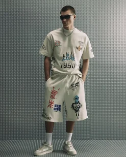 Beige Oversized Cotton Graffiti Print T-Shirt