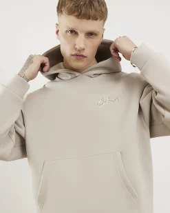Beige Oversized Fit Script Graphic Hoodie