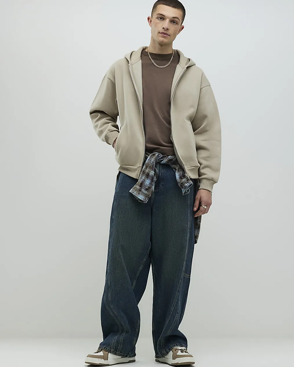 Beige Oversized Fit Zip Through Hoodie