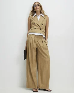 Beige Pinstripe Wide Leg Trousers