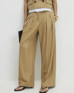 Beige Pinstripe Wide Leg Trousers