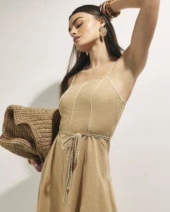 Beige Piped Rope Belted Midi Dress
