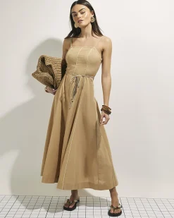 Beige Piped Rope Belted Midi Dress