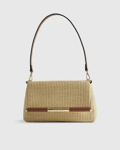 Beige Raffia Bar Front Shoulder Bag