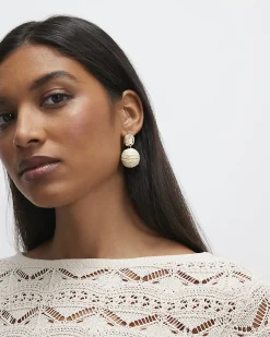 Beige Raffia Bead Ball Stud Earrings